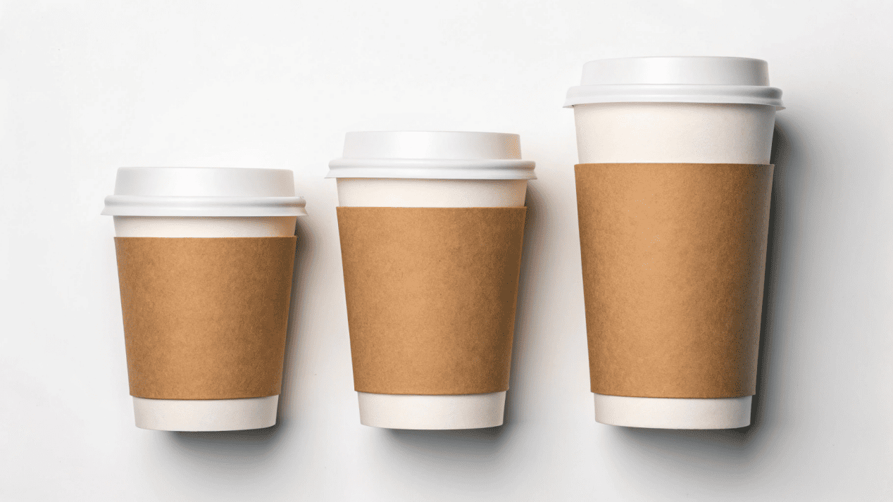 Smart Menu Integration with Cup Sizes A menu showing Small, Medium, and Large coffee options next to their corresponding cup sizes.