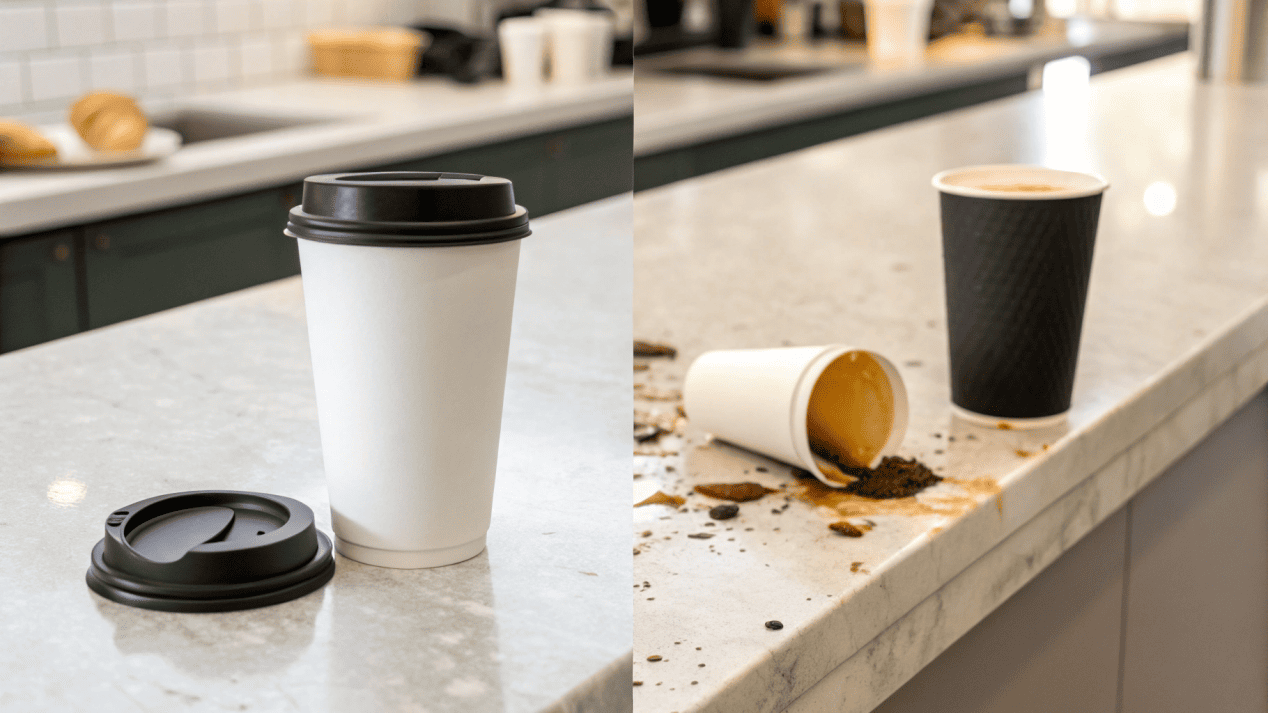 Reducing Waste with Proper Cups A clean countertop with a single double-wall cup, contrasting with a messy one with a cup, sleeve, and spilled coffee.