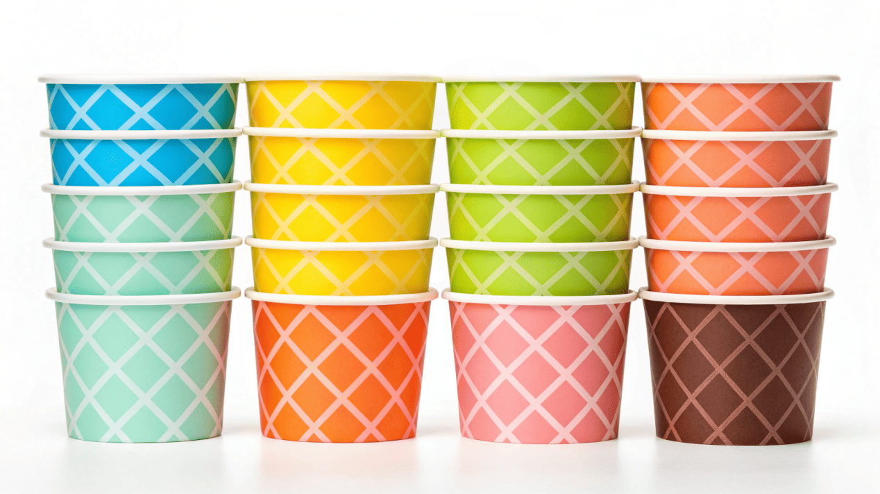 A collection of colorful, custom-printed ice cream cups with different brand logos.