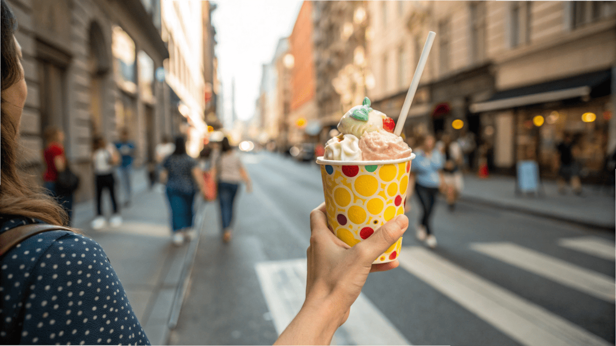 A person holding an eye-catching custom ice cream cup while walking down a busy street.