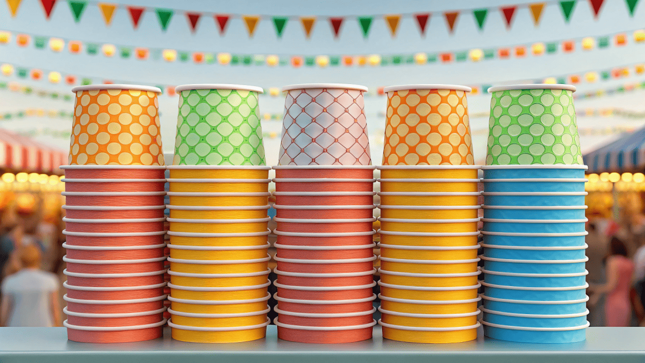 A professional-looking vendor booth at a food festival, with a stack of brightly branded ice cream cups.