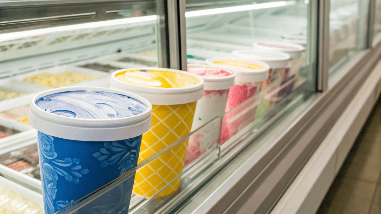 A custom-printed ice cream pint standing out in a crowded supermarket freezer aisle.