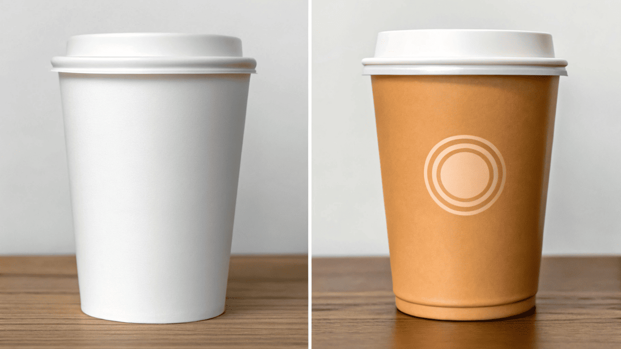 A comparison of a plain white cup versus a professionally branded cup.