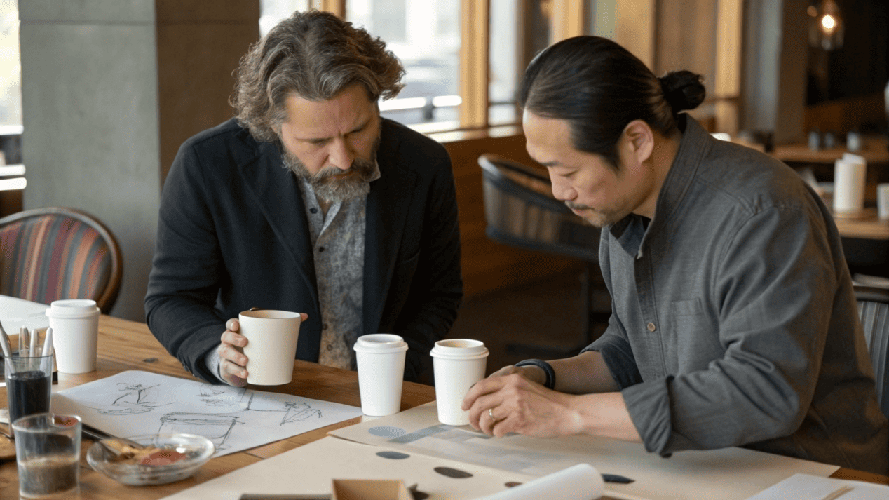 A restaurant owner collaborating with a packaging expert on a cup design.