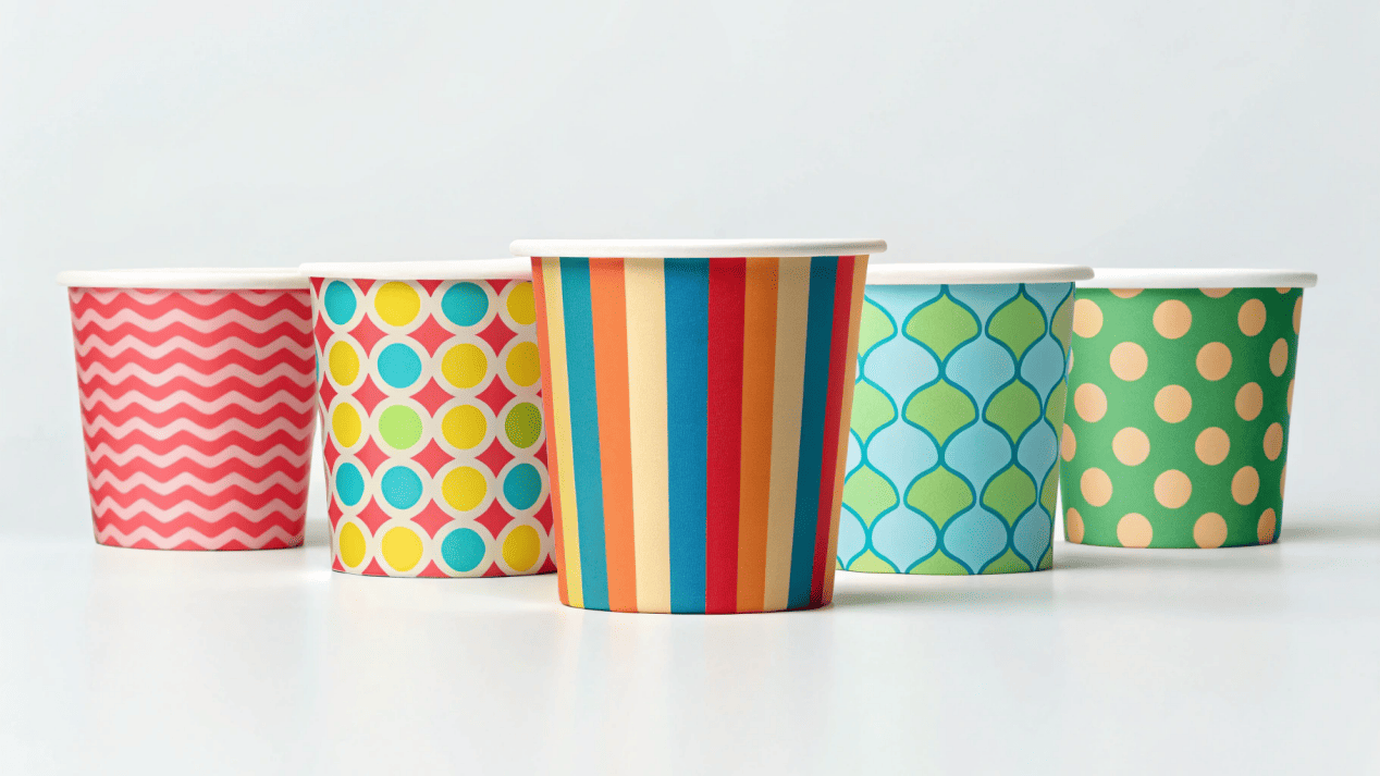A colorful array of custom-branded disposable ice cream cups in various sizes.