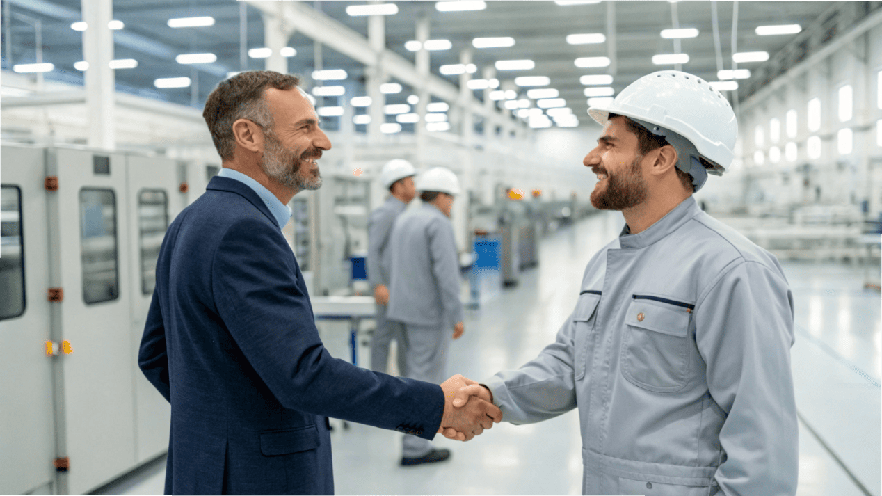 A factory manager and a client shaking hands in front of quality-certified production lines.