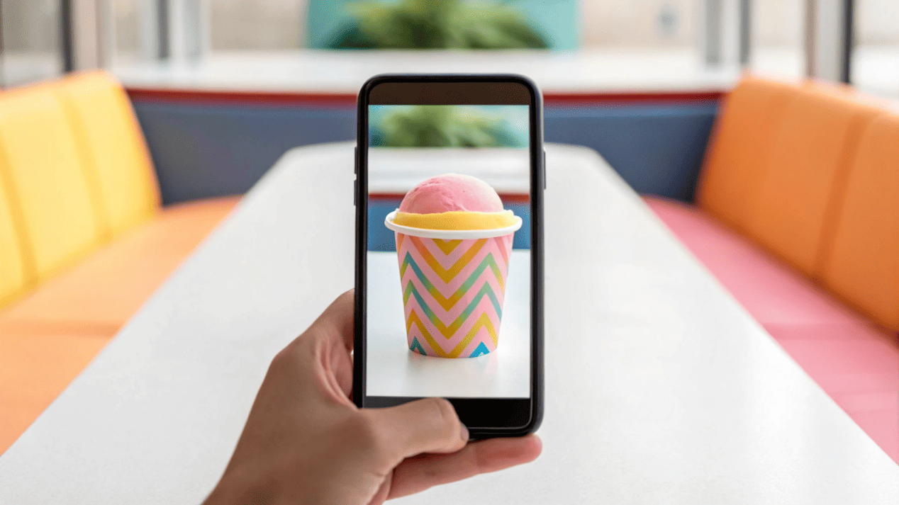 A customer taking a photo of their beautifully branded ice cream cup for Instagram.