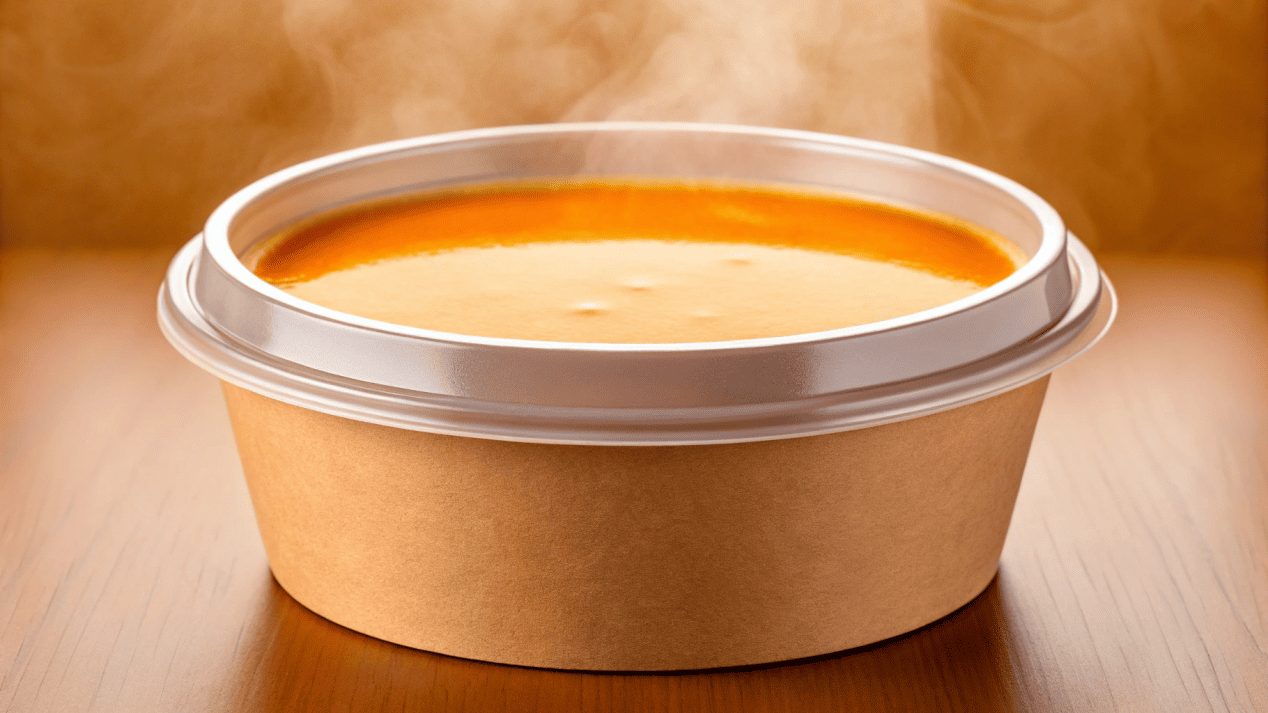A delicious, steaming hot soup served in a branded, high-quality disposable paper bowl with a secure lid.