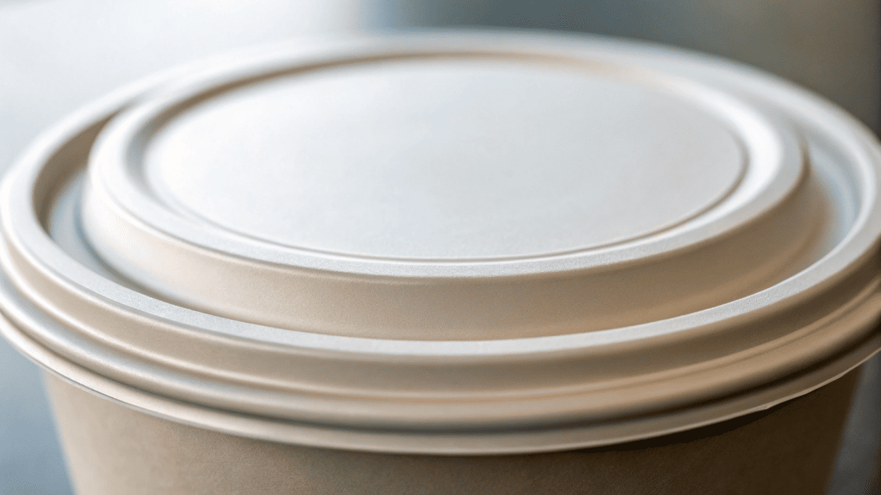 A close-up shot of a lid snapping securely onto the tightly rolled rim of a paper soup bowl.