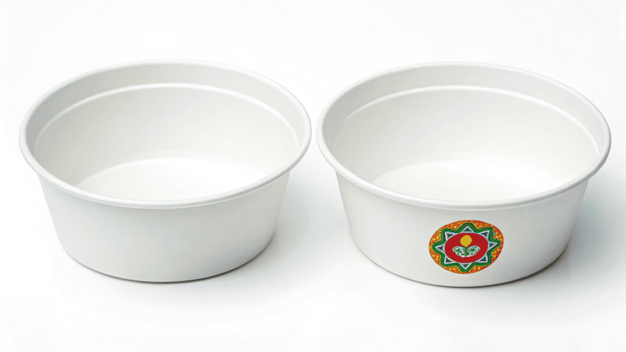 Two soup bowls side-by-side: one is a plain white bowl, and the other is beautifully printed with a vibrant company logo and design.