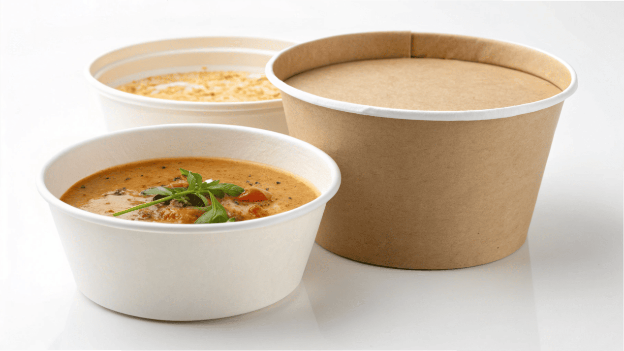 A side-by-side comparison of a white paperboard and a Kraft paperboard soup container.