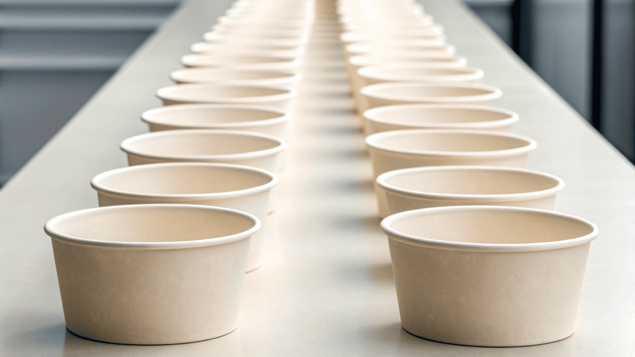 A lineup of different soup container sizes, from 8oz to 32oz, on a counter.