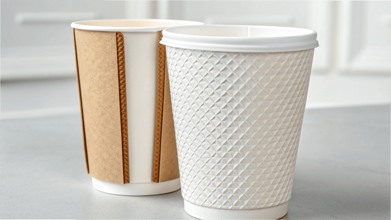 A cutaway view of a double-wall cup showing the two paper layers and the air gap in between.