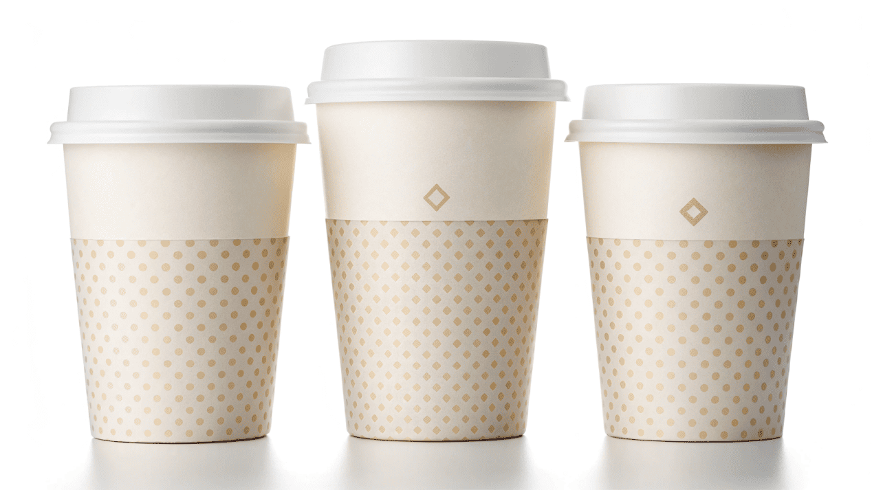 A lineup of 8 oz, 12 oz, and 16 oz double-wall coffee cups with matching designs.