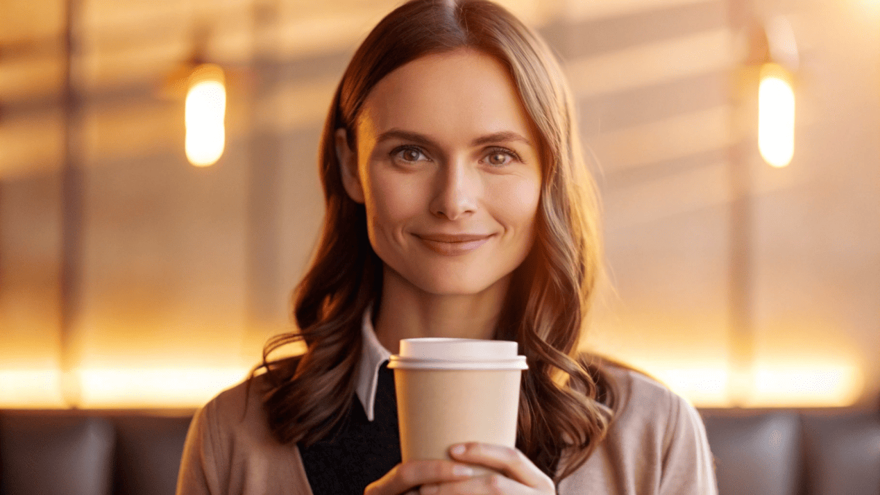 A customer smiling as they comfortably hold a hot double-wall coffee cup.