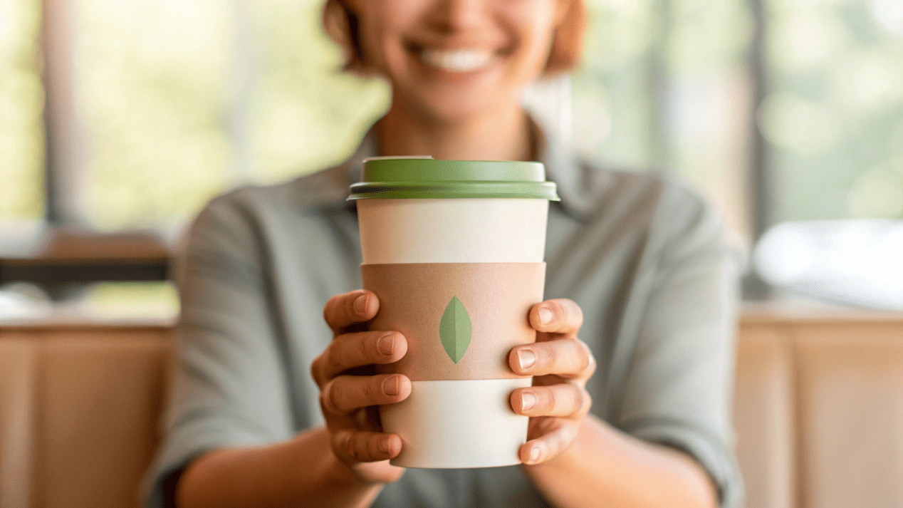 A customer comfortably holding a beautifully branded double wall coffee cup, smiling.