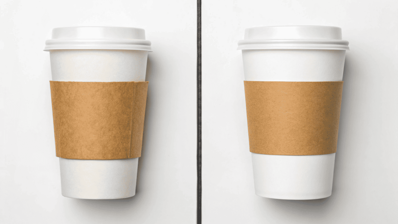 A side-by-side comparison of a cup with a sleeve covering the logo, and a fully branded double wall cup.