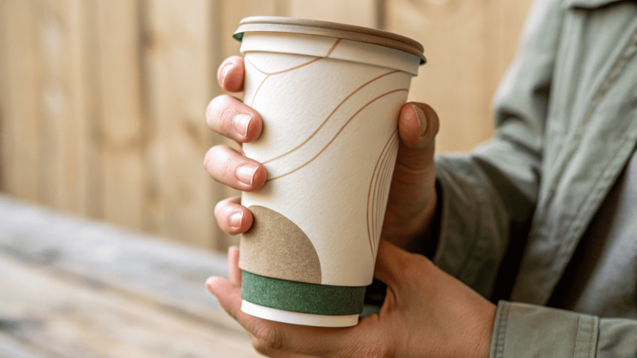 A person's hand securely and comfortably gripping a sturdy double wall paper cup.