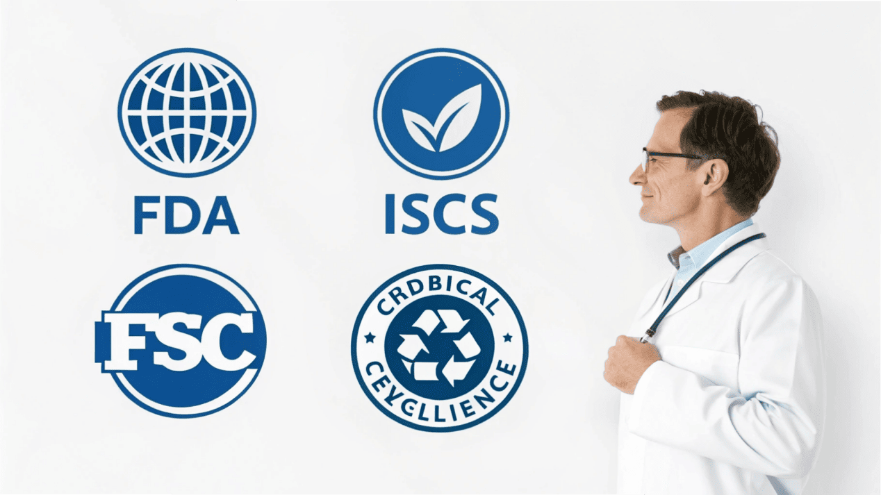 A collage of important certification logos: FDA, BRCGS, ISO 9001, and FSC.