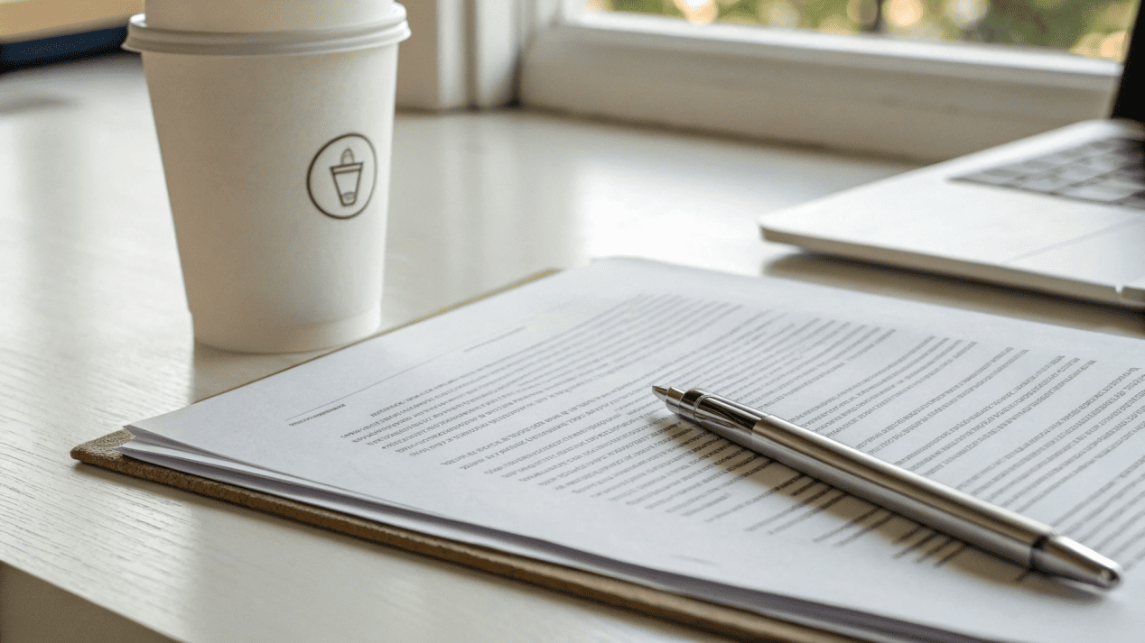 A close-up of a Declaration of Compliance document with a pen and a paper cup.