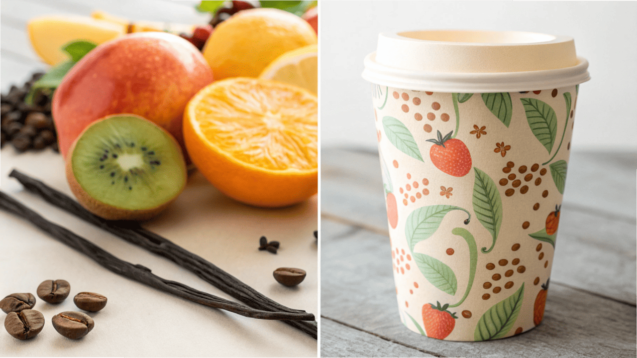 An image showing a split view: on one side, organic fruit and vanilla beans; on the other, a matching FSC-certified paper cup.