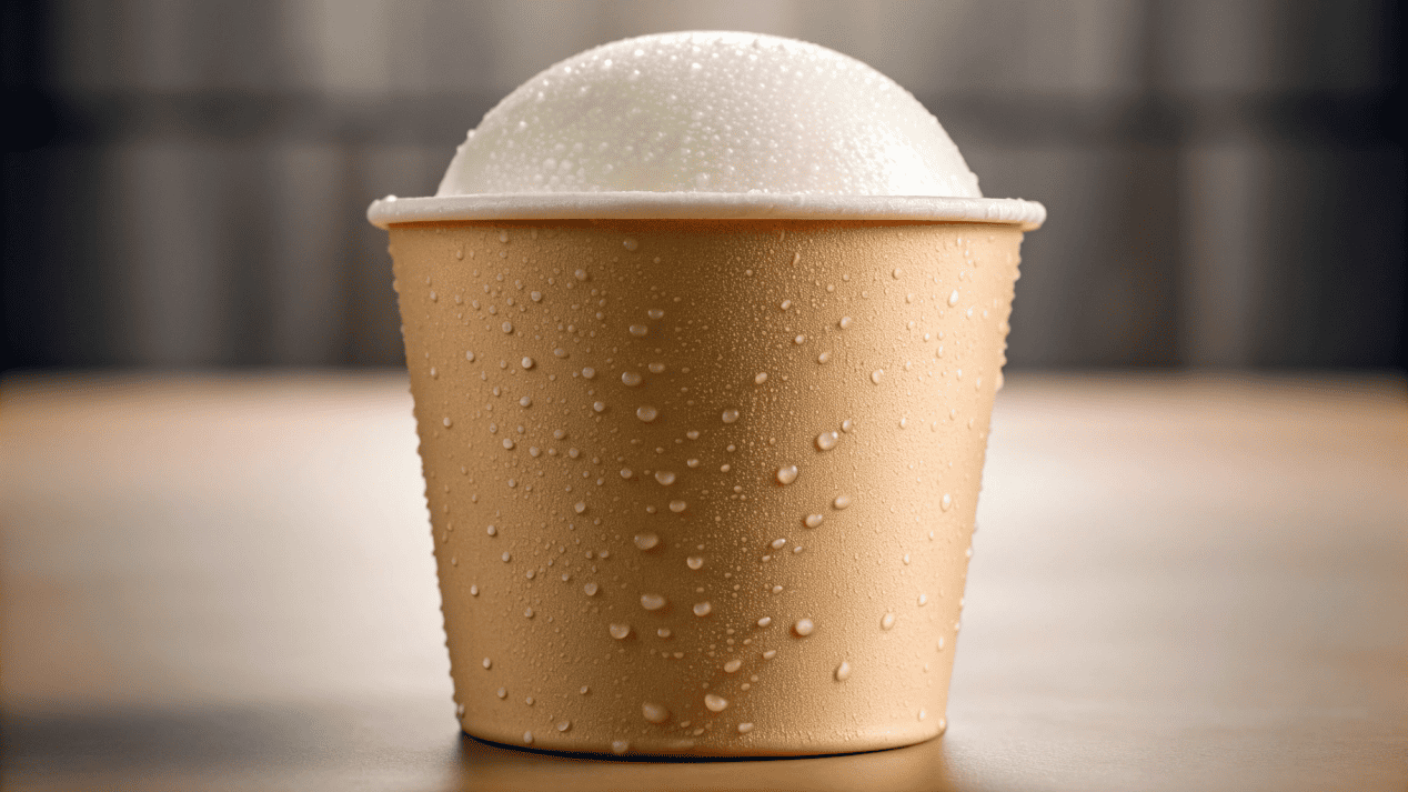 A close-up shot of an eco-friendly ice cream cup, staying firm and dry despite condensation beading on the outside.