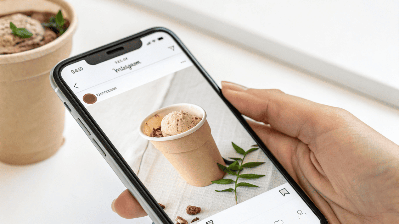 A phone screen showing an Instagram post about a brand's new 'plastic-free' ice cream cups.