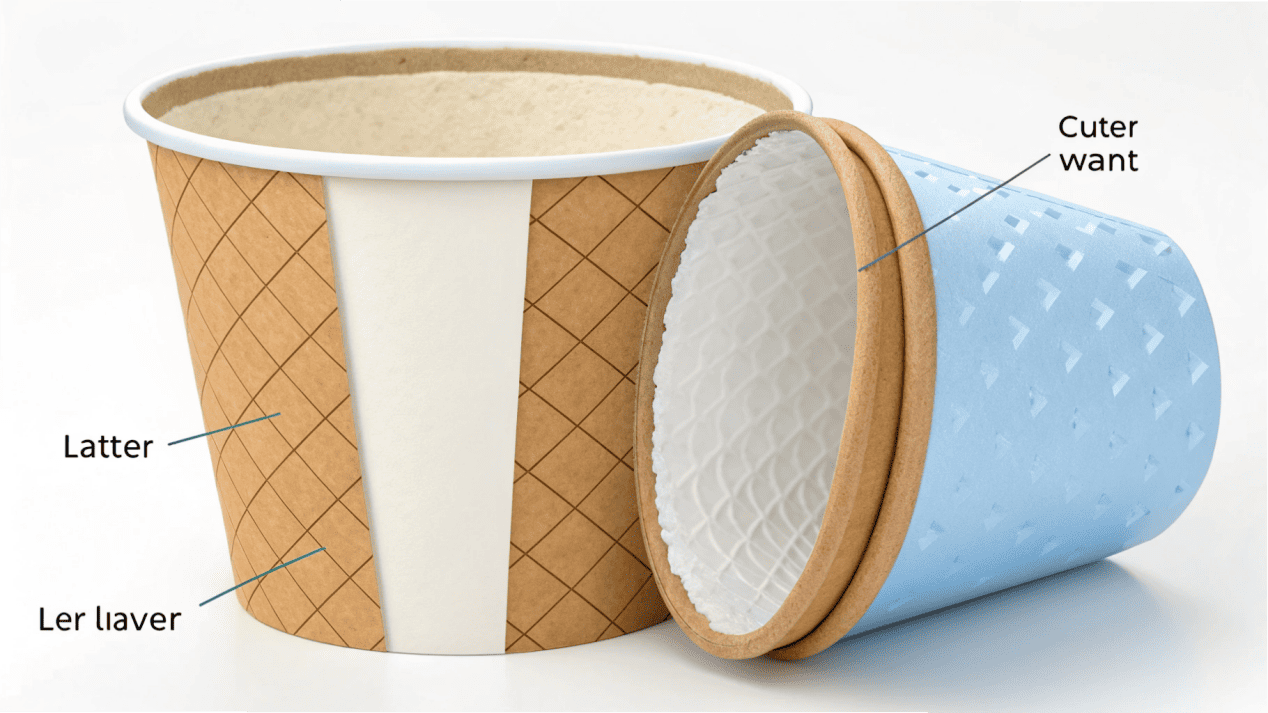A cross-section view showing the layers of an ice cream cup, with paperboard and lining labeled.