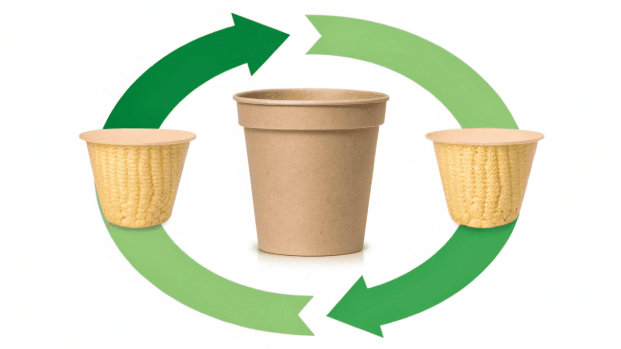 The Life Cycle of a Compostable Cup A diagram showing the life cycle of a compostable cup, from corn to cup to compost.