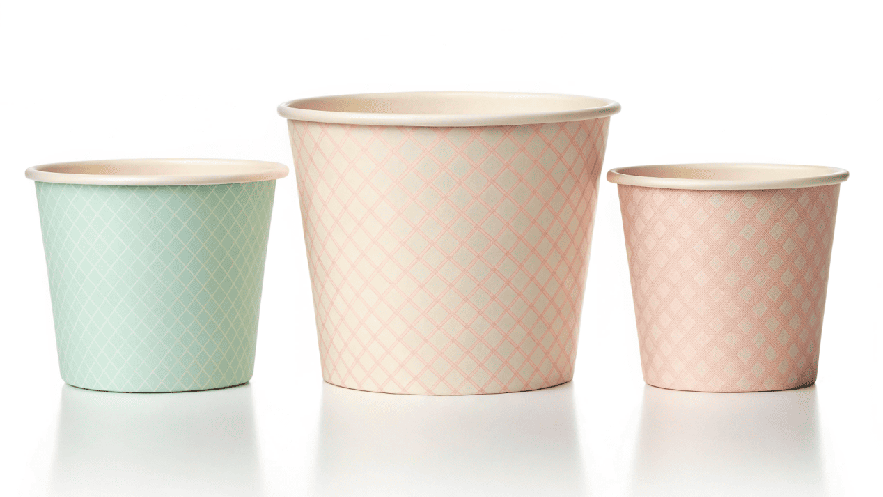 Three different sizes of ice cream cups lined up, labeled 'Small', 'Medium', and 'Large'.