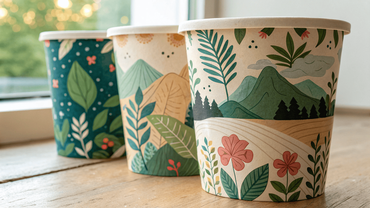 Beautiful and Sustainable Ice Cream Cups A collection of stunning, custom-printed compostable ice cream cups with vibrant, nature-themed designs.