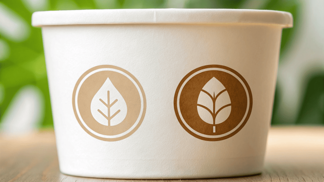 The FSC logo and a compostable symbol displayed on an ice cream cup.
