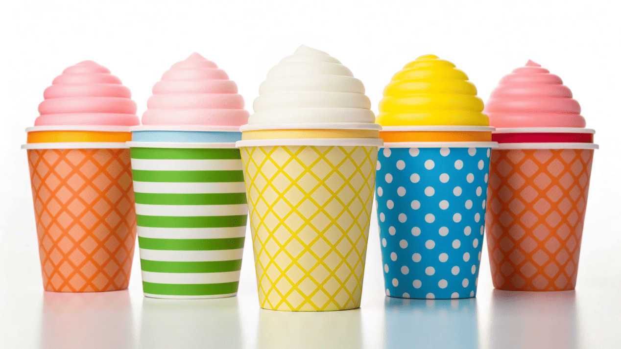 A colorful array of different sized ice cream cups.