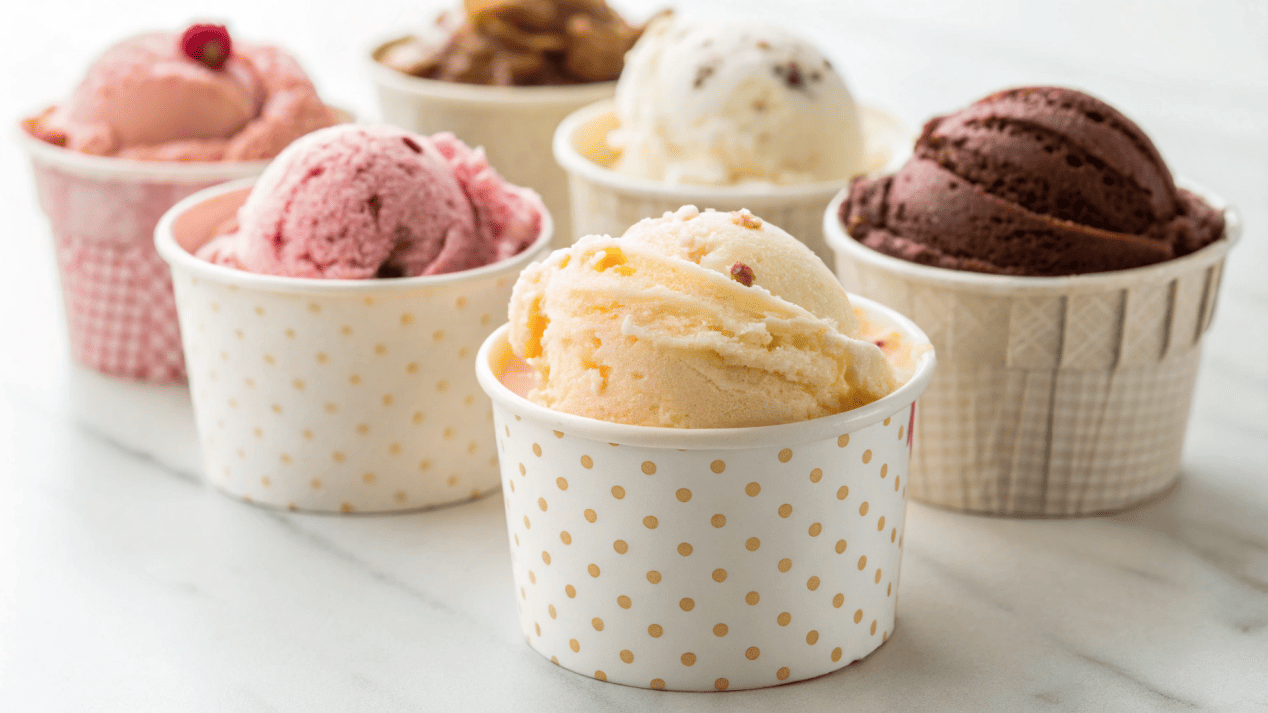 Different types of frozen desserts in perfectly matched cup sizes.