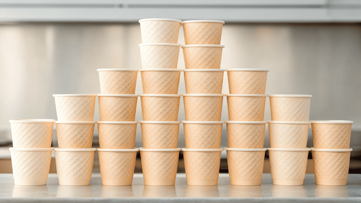 A lineup of different sized ice cream cups, from a small sampler to a large sundae cup, on a counter.