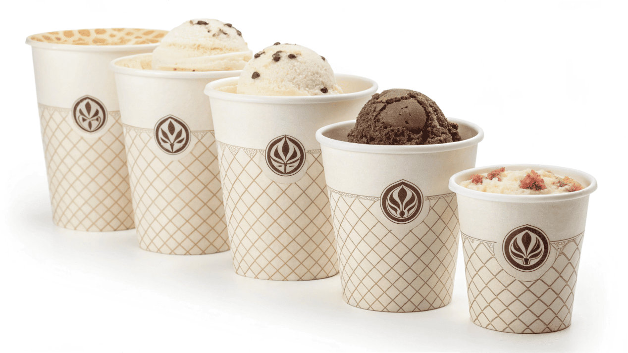 Standard Ice Cream Cup Sizes A lineup of different sized branded ice cream cups from small to large.