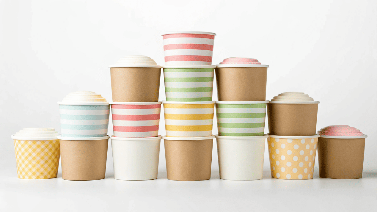 A lineup of different sized ice cream cups, from a small sample to a large sundae.