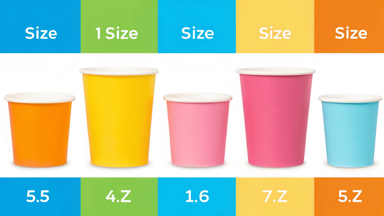 Ice Cream Cup Size Conversion Chart A colorful chart showing ice cream cup sizes in oz and ml with corresponding scoop numbers.