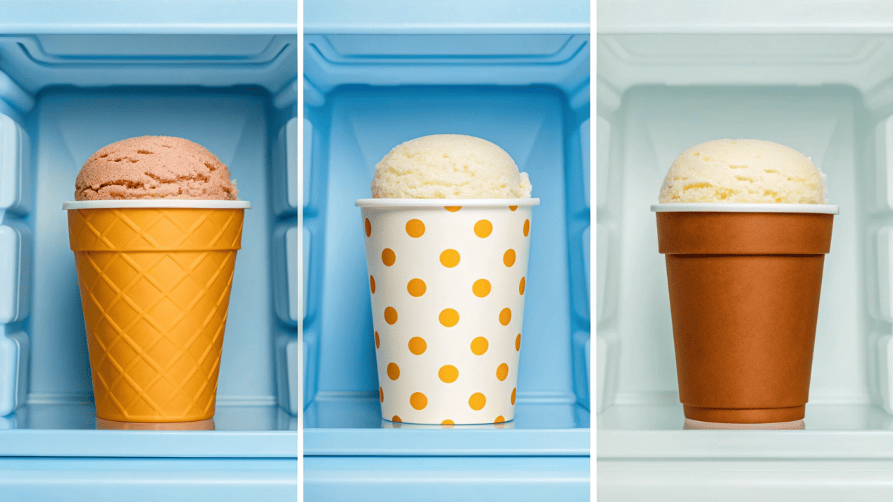 Strategic Use of Ice Cream Cups A photo collage showing a tasting flight, a standard double scoop, and a branded pint in a home freezer.