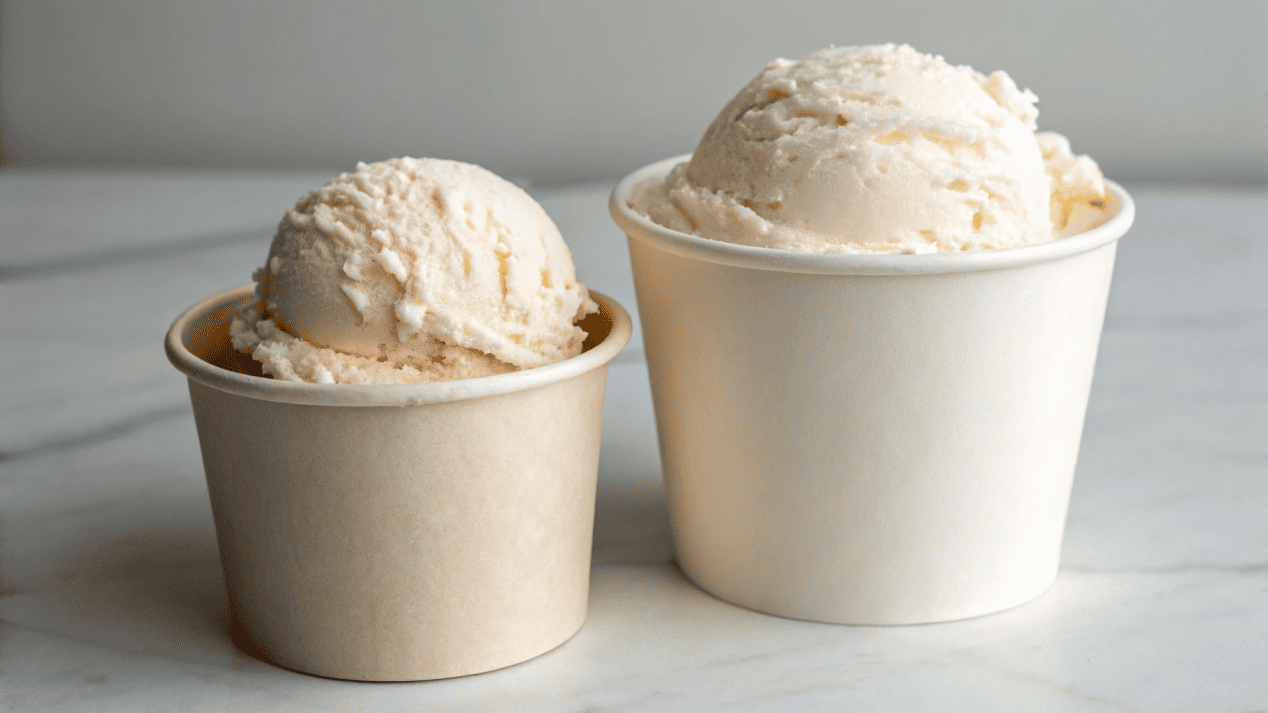 Two cups side-by-side: one with a scoop that fills the cup, and one where the same scoop looks small.