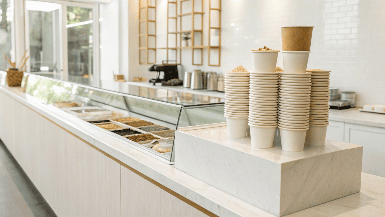 Trends in Ice Cream Packaging A modern ice cream shop counter showing eco-friendly cups and options for tasting flights.