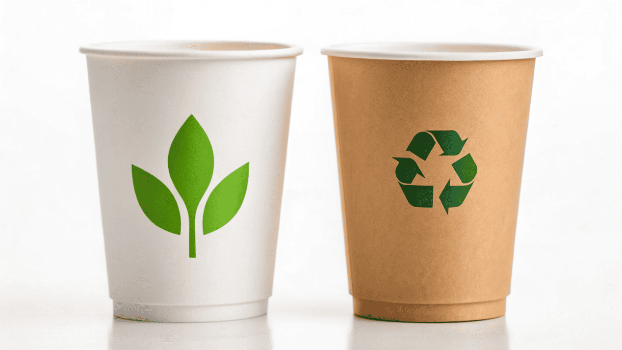 PE vs. PLA Coating for Ice Cream Cups A PE-coated cup next to a PLA-coated cup with sustainability icons.