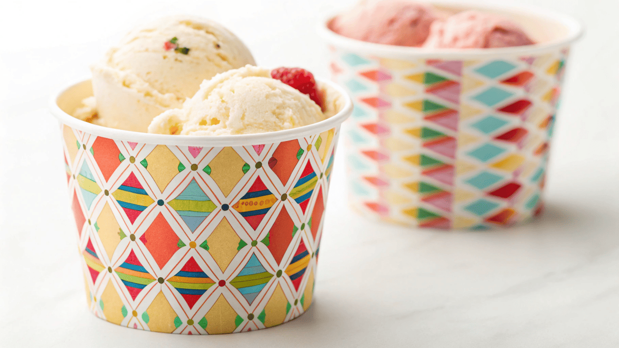 High-Quality Offset Printing on Cups A vibrantly printed ice cream cup with a complex, colorful design.