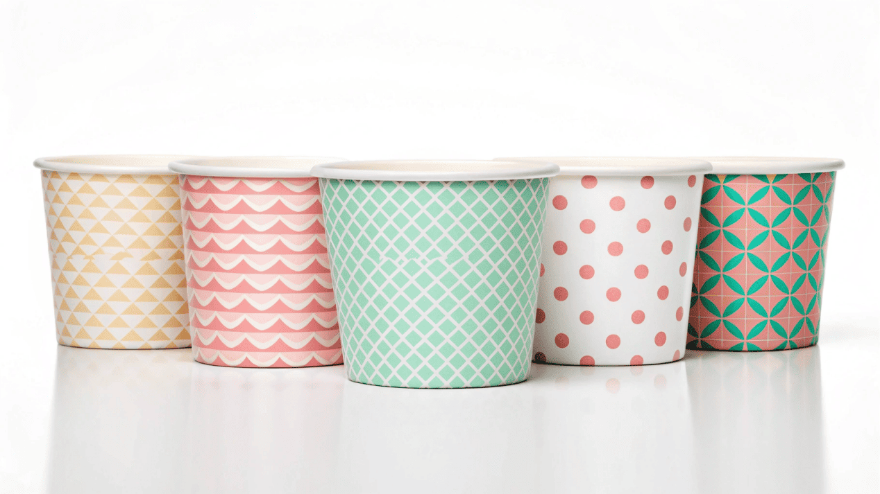 A collection of beautifully designed custom paper ice cream cups in various sizes.