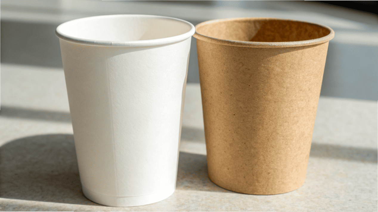 A side-by-side comparison of a white paperboard cup and a Kraft paperboard cup.