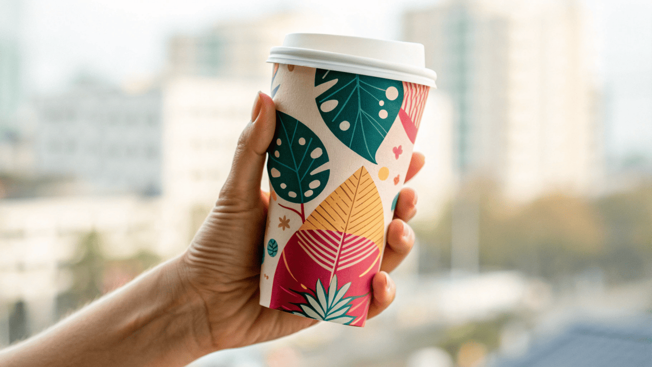 A beautifully designed custom-printed paper cup being held up, perfect for an Instagram photo.