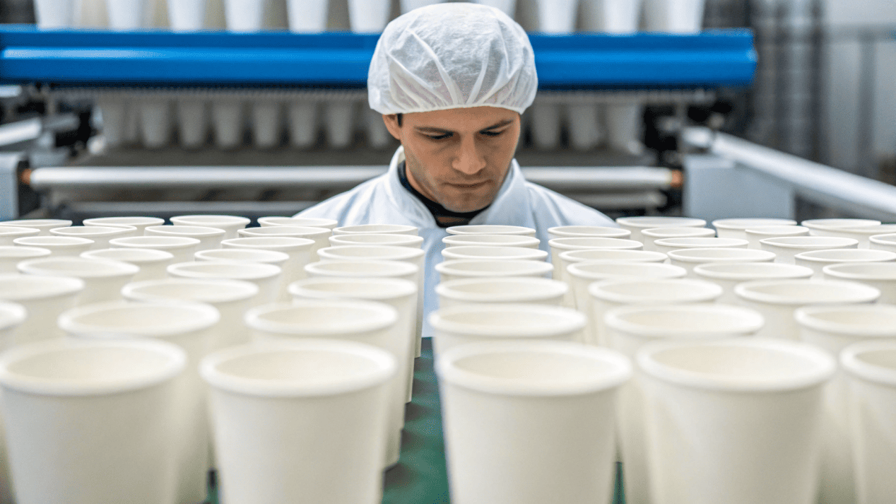 A quality control expert inspecting a batch of newly manufactured paper cups.