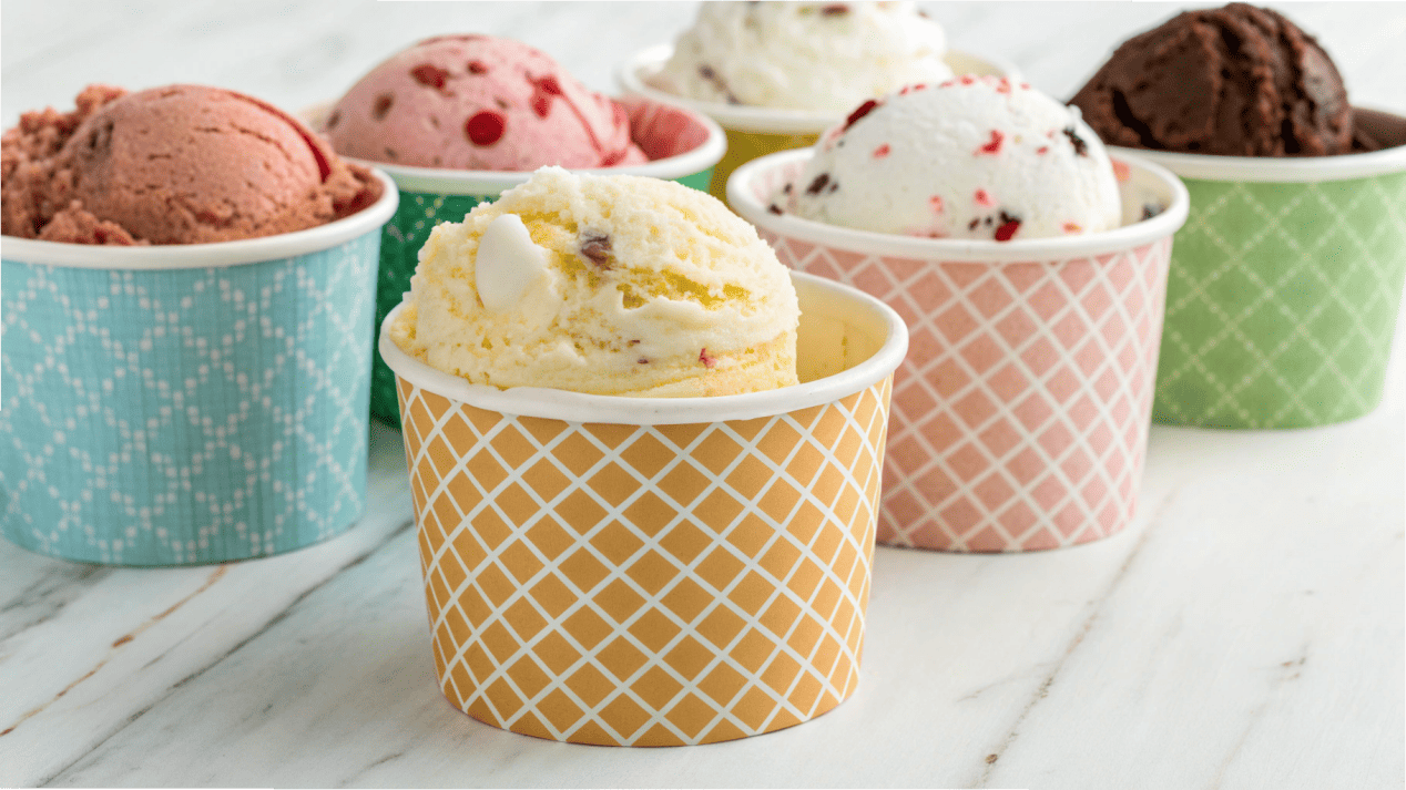 A collection of beautifully designed ice cream cups showcasing different brand identities.