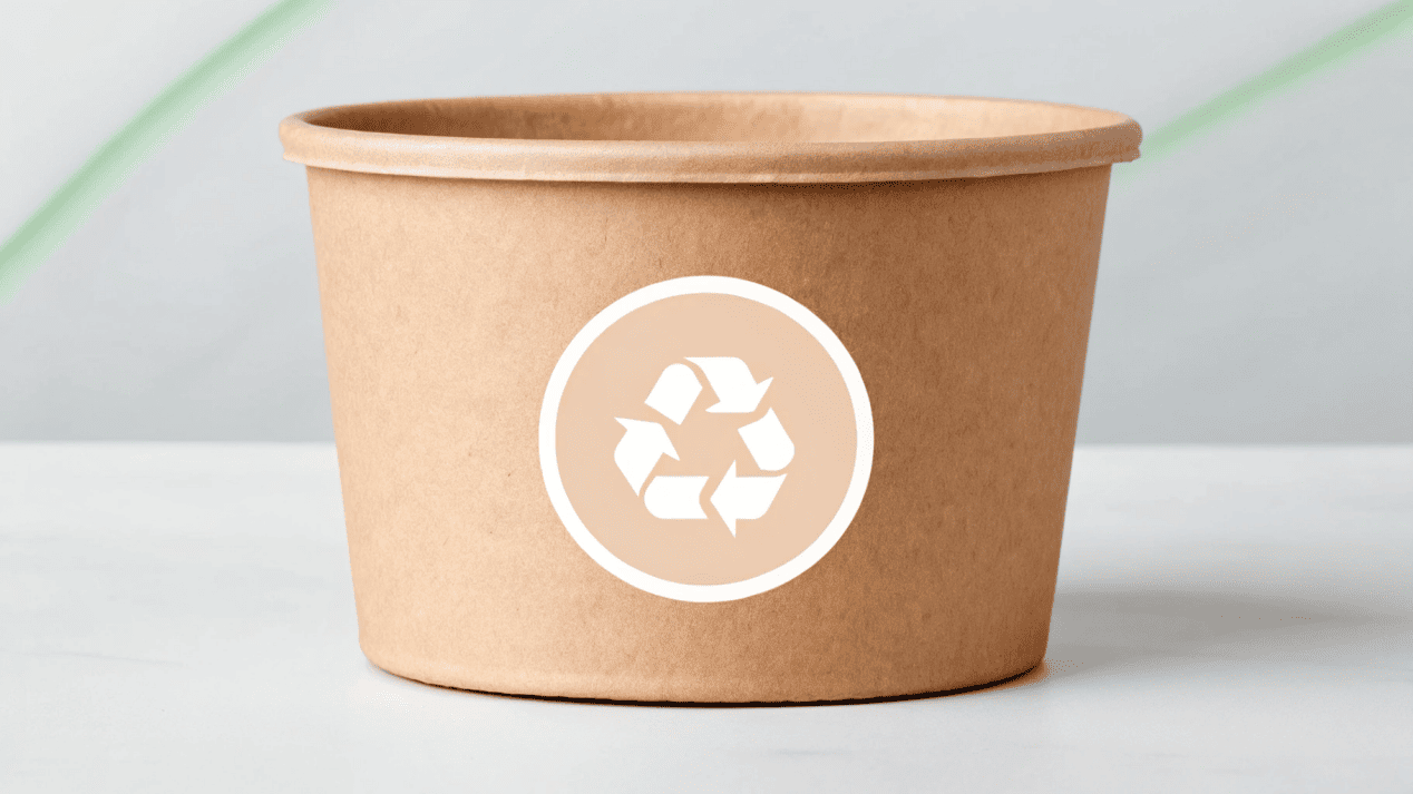 An ice cream cup with a prominent "100% Plastic-Free and Recyclable" icon.