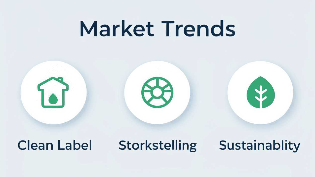 An infographic showing market trends: clean labels, storytelling, and sustainability icons.